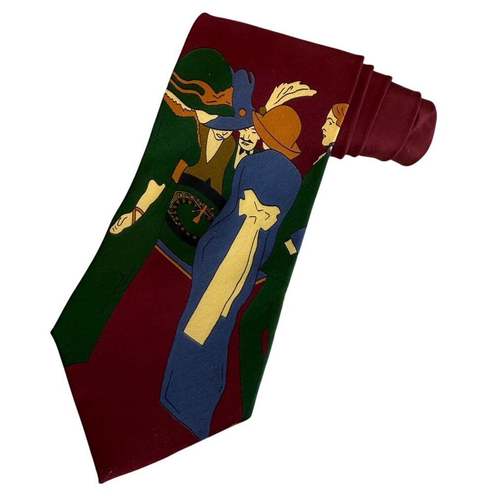 Vintage Ted Lapidus Silk Tie Graphic Roaring 20s Print Maroon